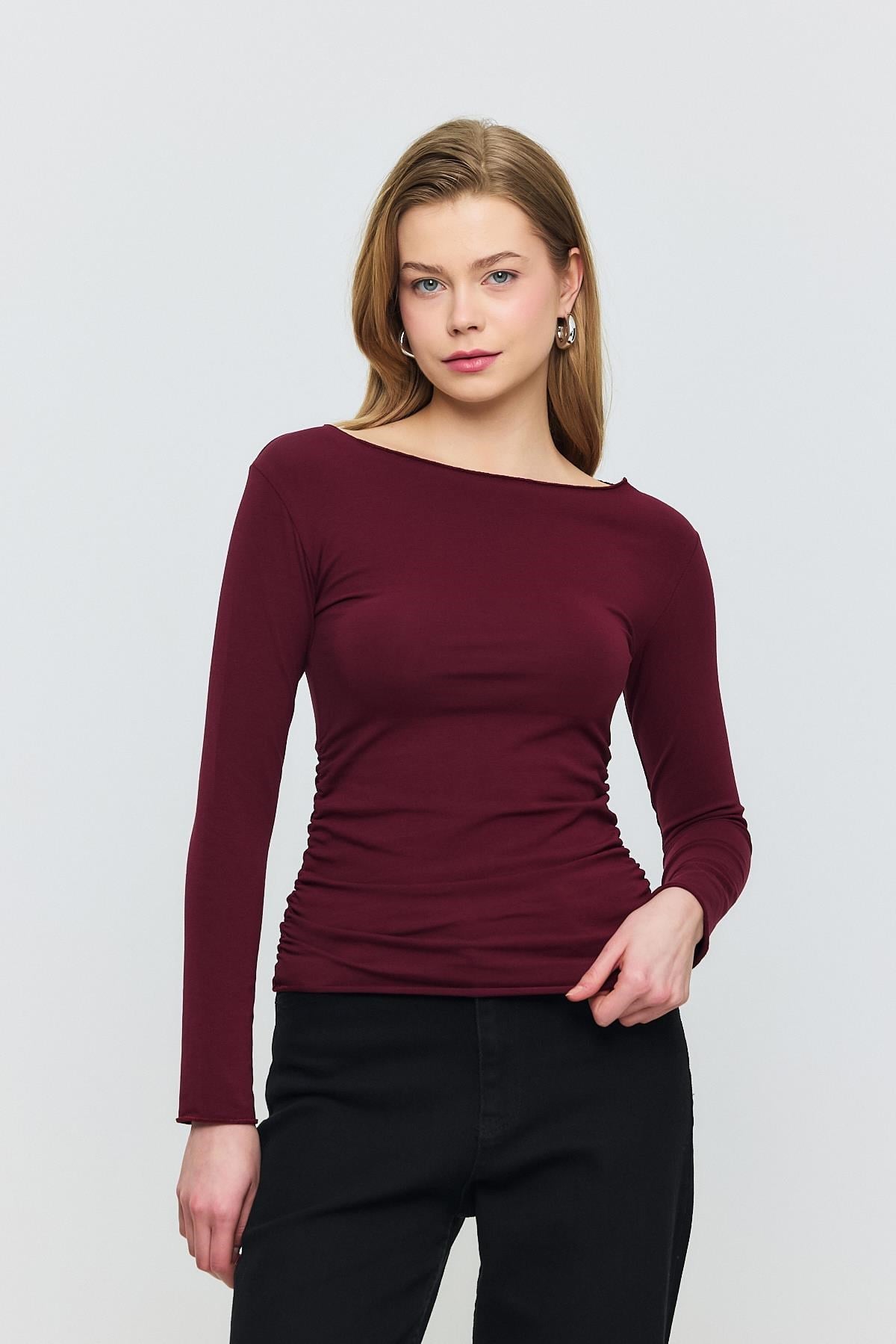 Bordo Yanları Büzgülü Bluz 3027
