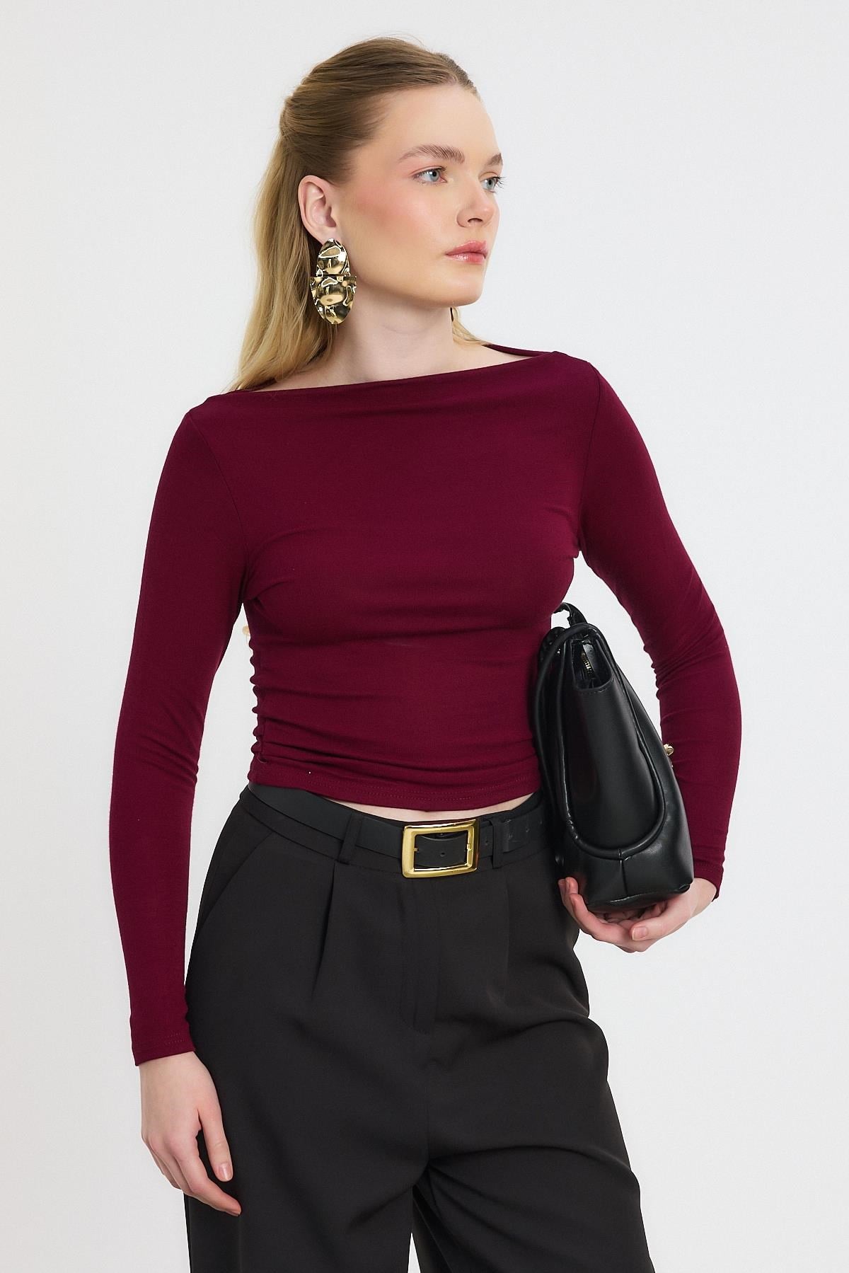 Bordo Yanları Büzgülü Oysho Bluz 6893
