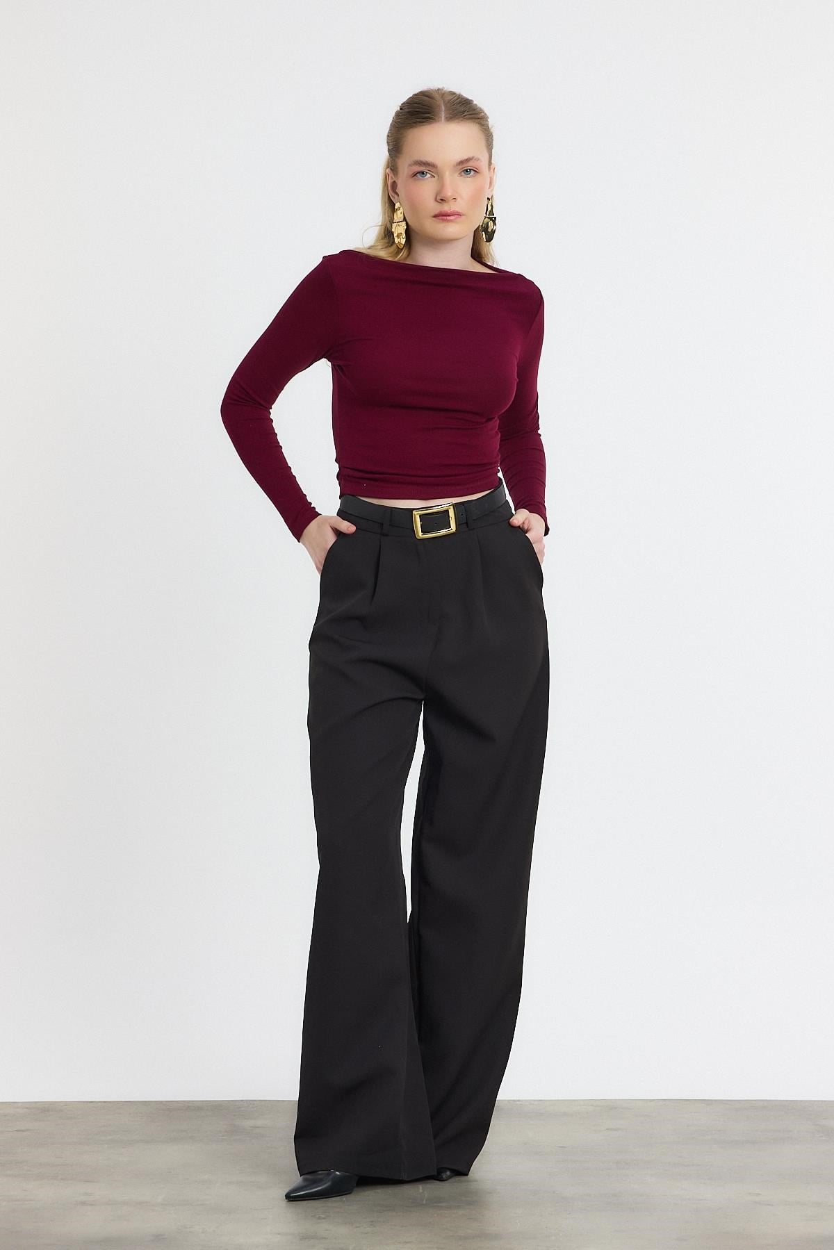 Bordo Yanları Büzgülü Oysho Bluz 6893