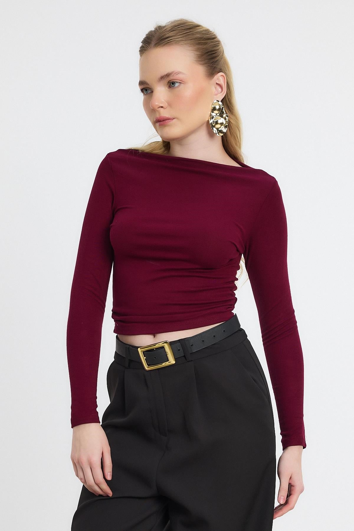 Bordo Yanları Büzgülü Oysho Bluz 6893