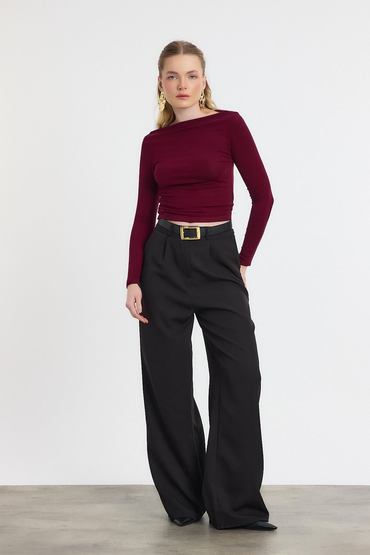 Bordo Yanları Büzgülü Oysho Bluz 6893