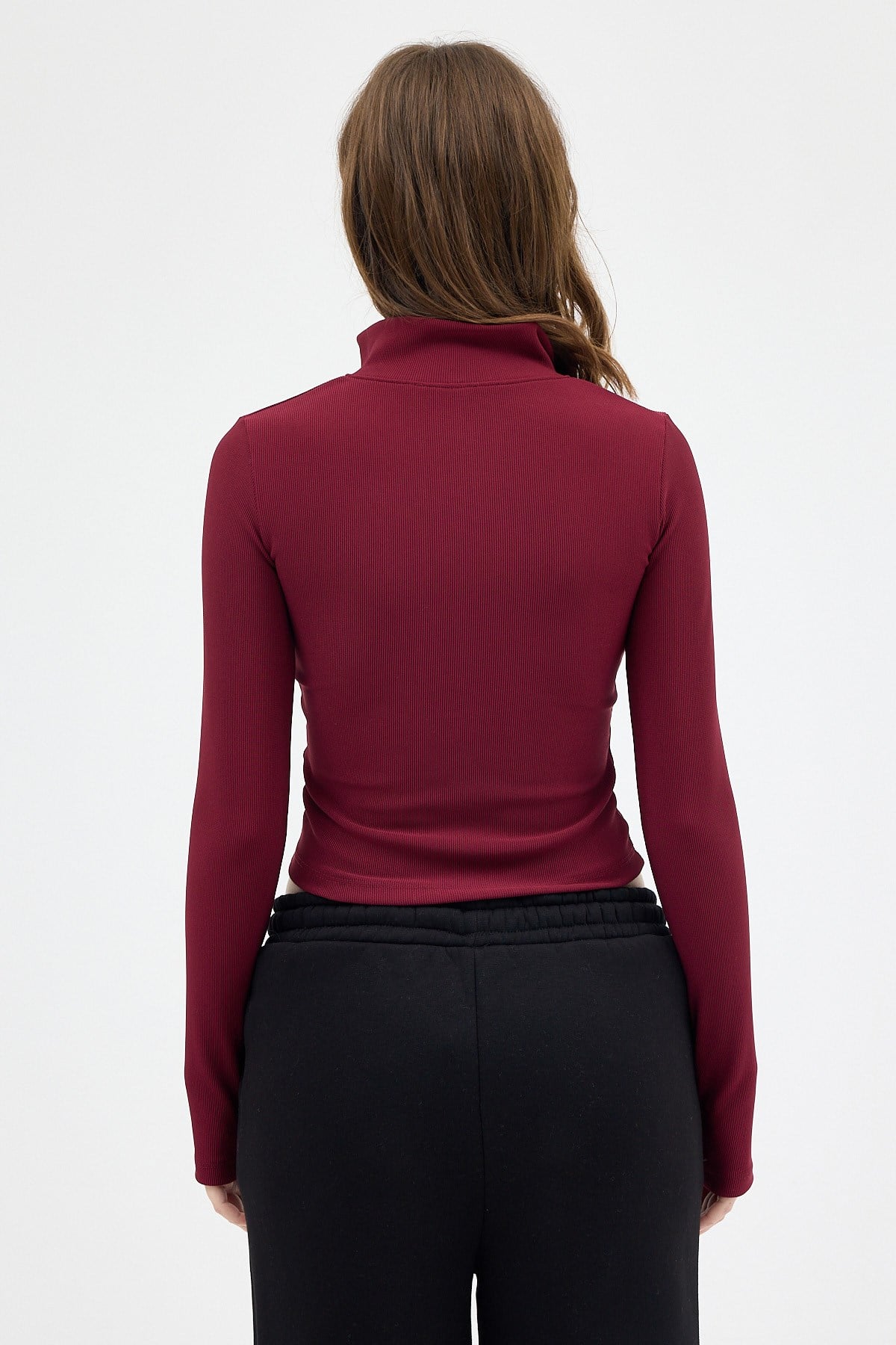 Bordo Yarım Balıkçı Yaka Fermuarlı Body 2447