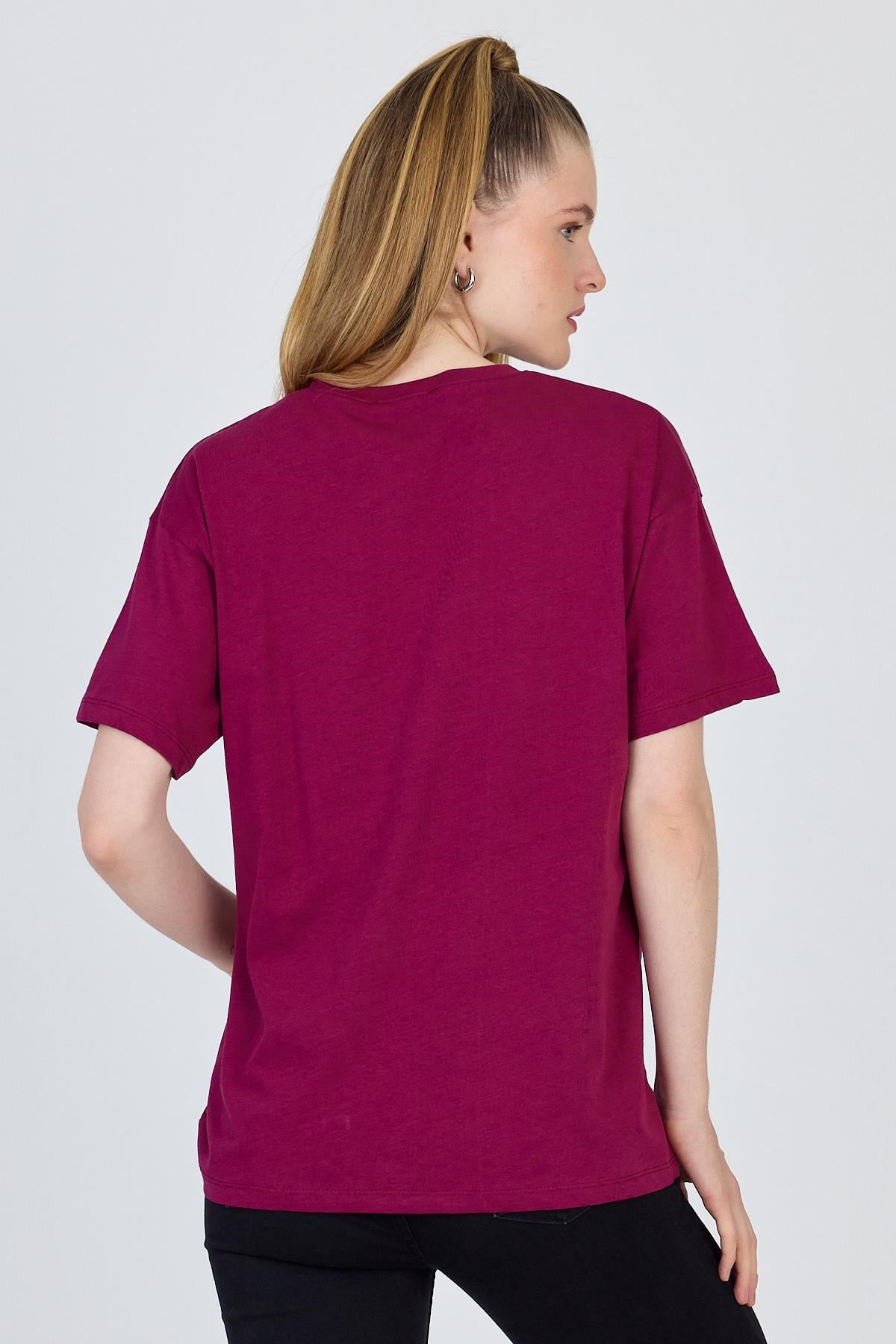 Bordo Yazı Baskılı %100 Pamuk Oversize Tişört 2150-18M