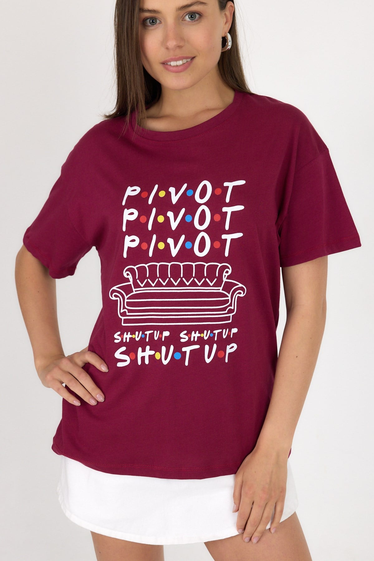 Bordo Yazı Baskılı %100 Pamuk Oversize Tişört 2150-10M