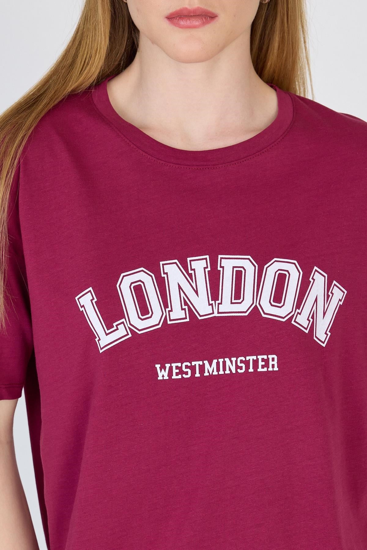 Bordo Yazı Baskılı %100 Pamuk Oversize Tişört 2150-9M