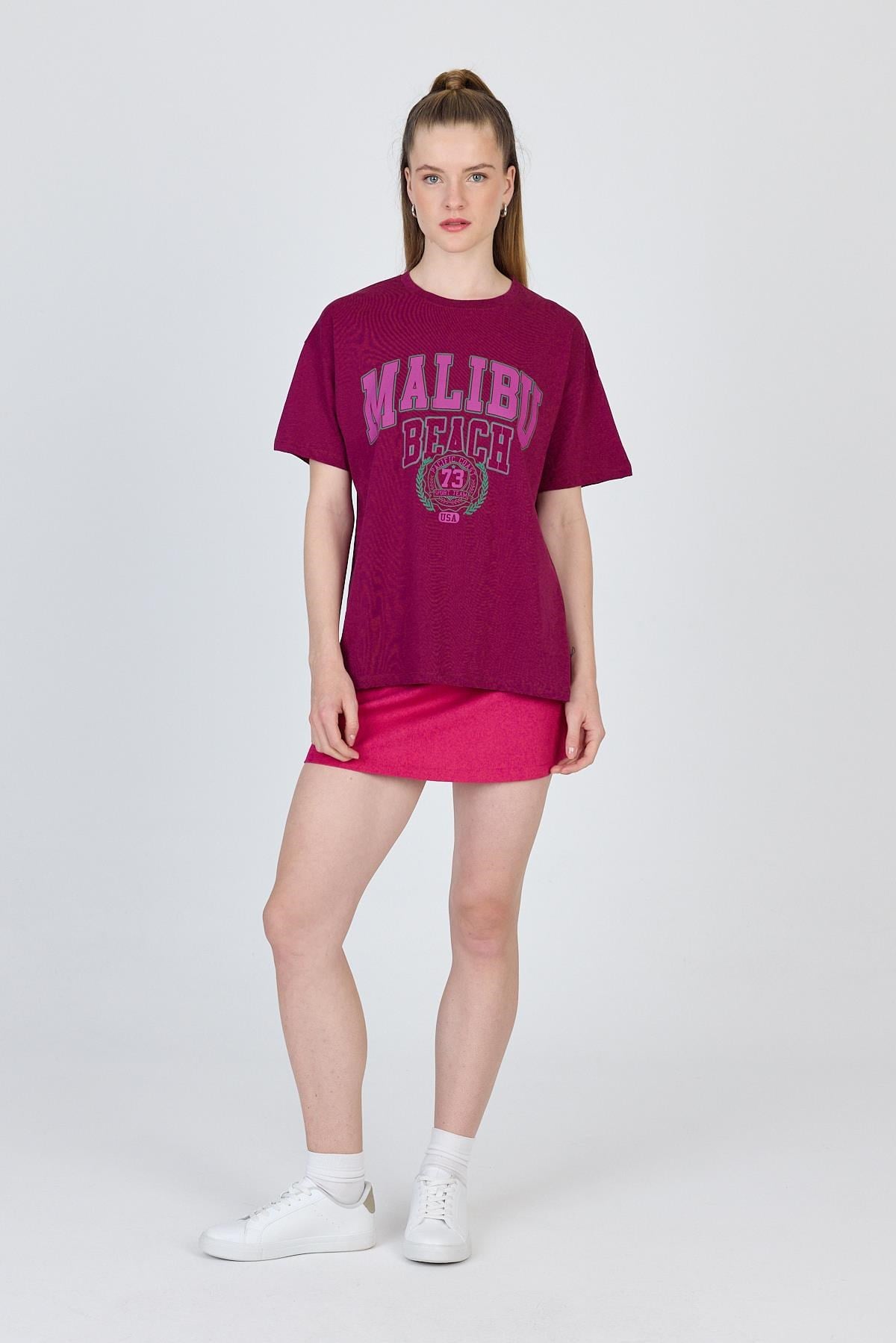 Bordo Yazı Baskılı %100 Pamuk Oversize Tişört 2150-17M