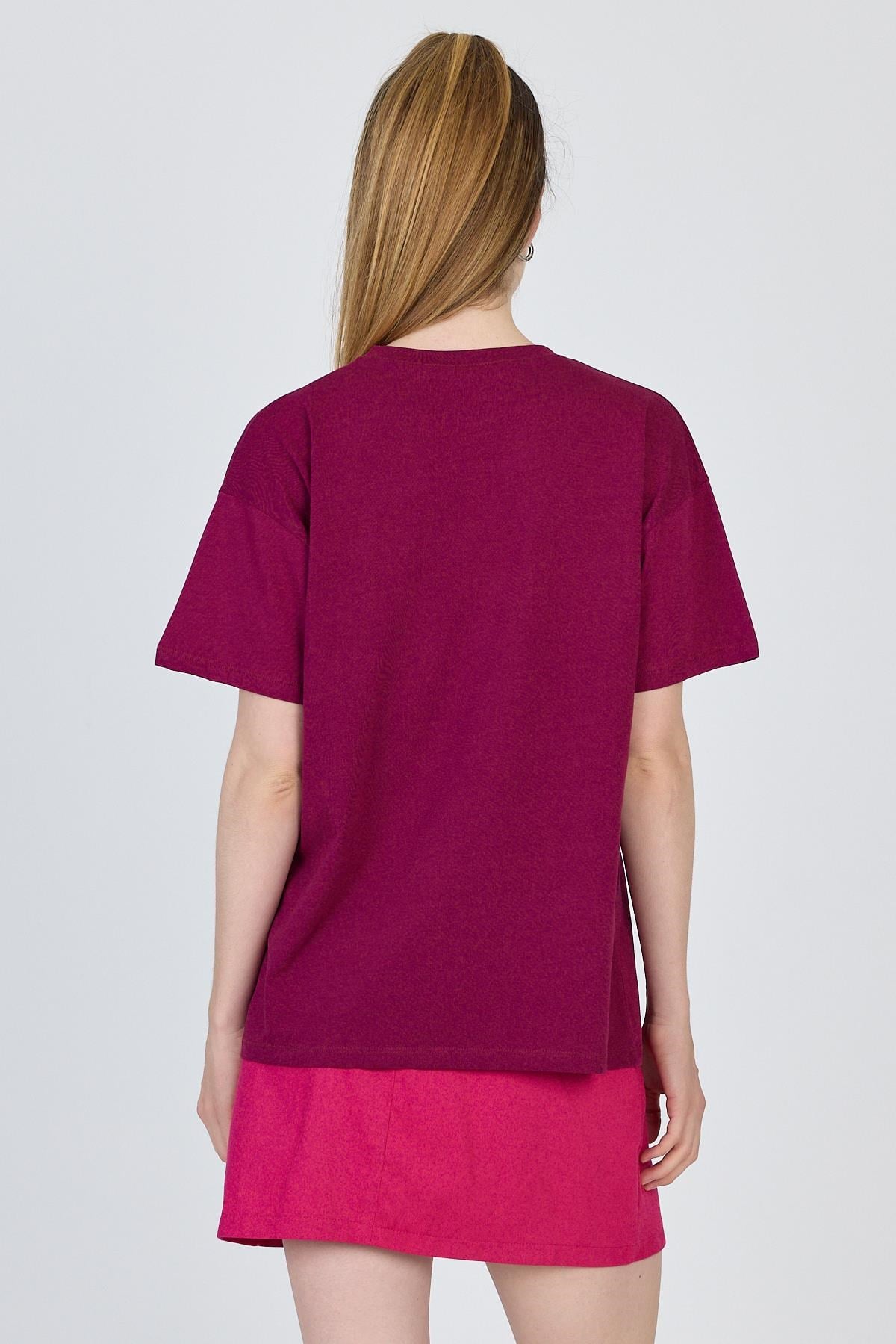 Bordo Yazı Baskılı %100 Pamuk Oversize Tişört 2150-17M