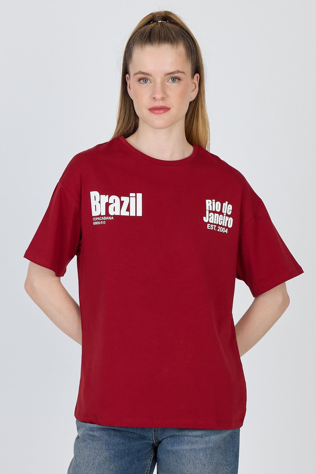 Bordo Yazı Baskılı %100 Pamuk Oversize Tişört 6403