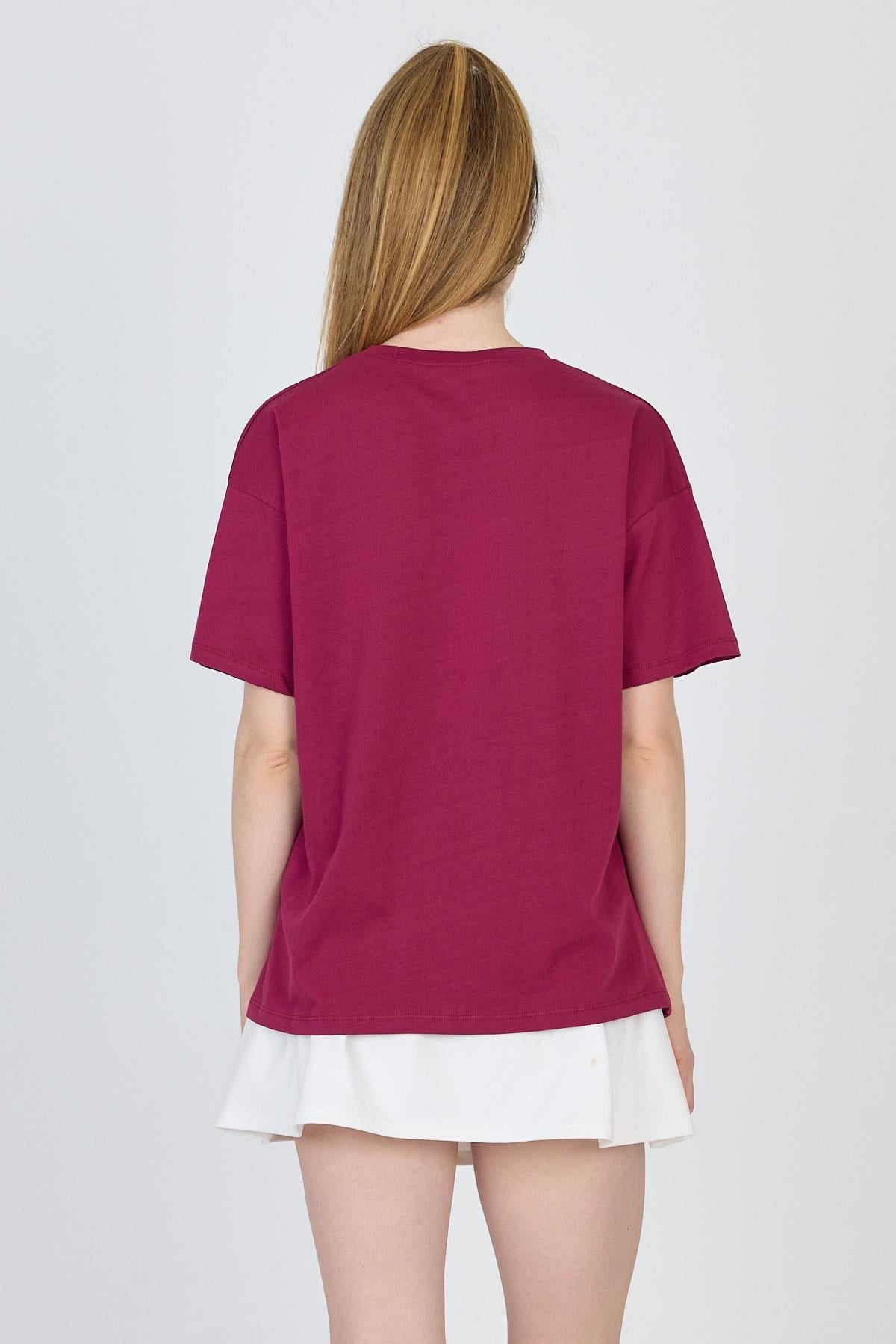 Bordo Yazı Baskılı %100 Pamuk Oversize Tişört 2150-9M