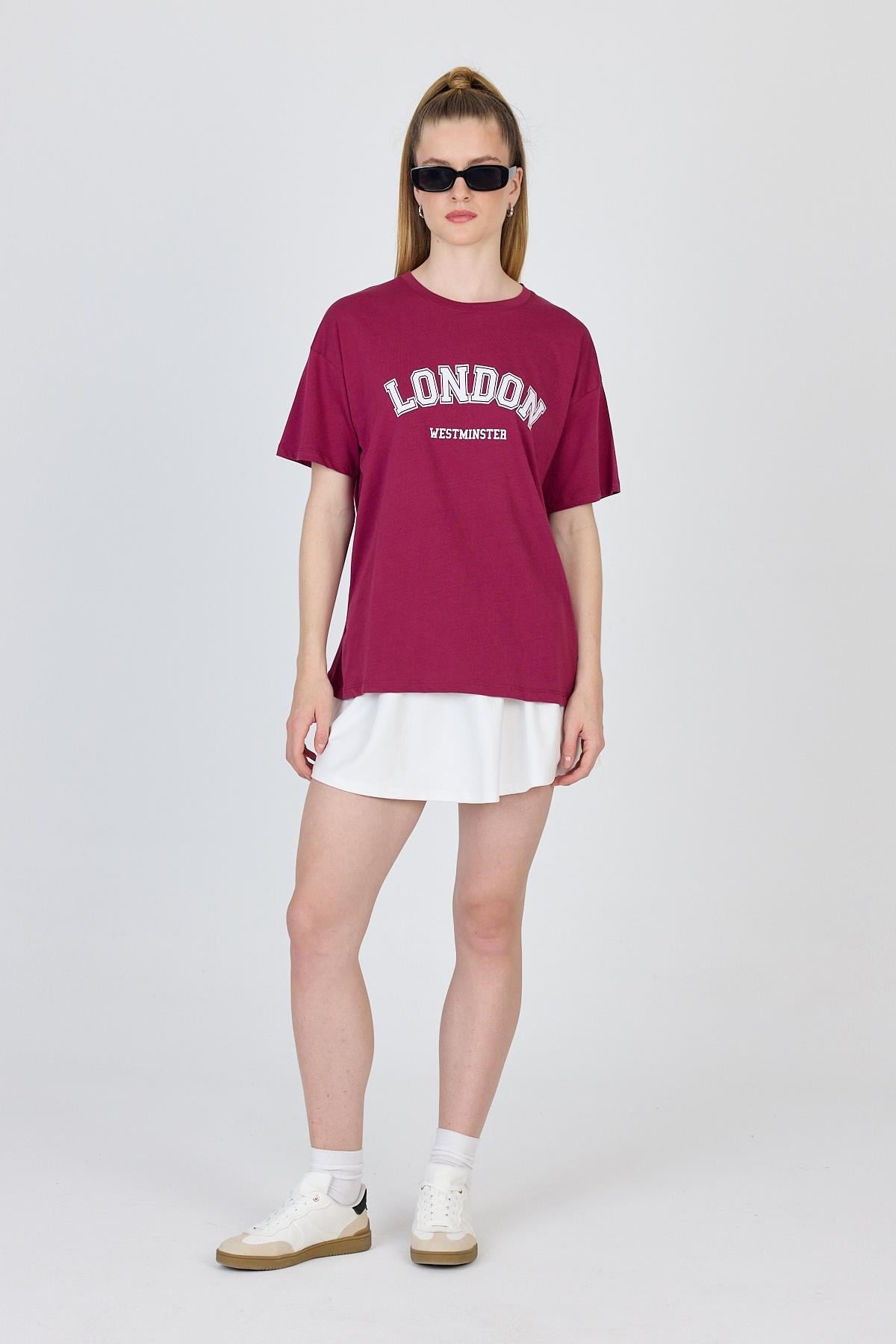 Bordo Yazı Baskılı %100 Pamuk Oversize Tişört 2150-9M