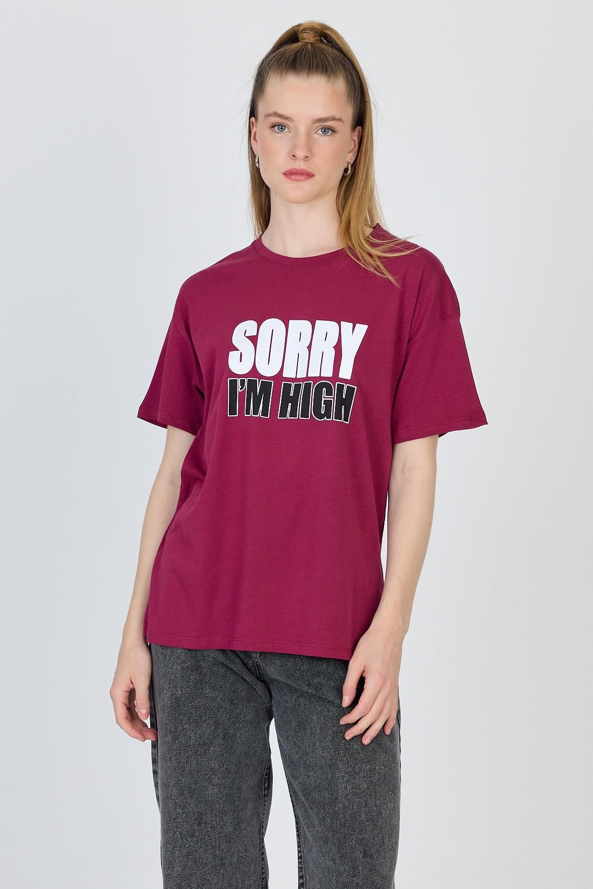 Bordo Yazı Baskılı %100 Pamuk Oversize Tişört 2150-7M