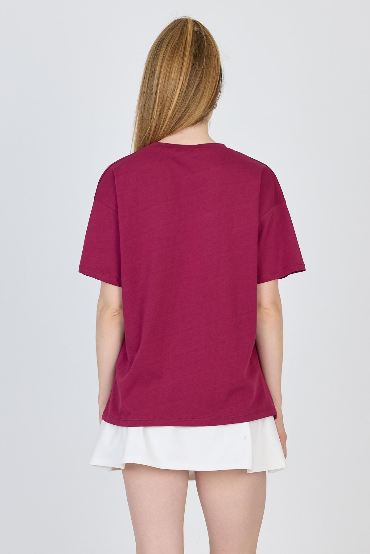 Bordo Yazı Baskılı %100 Pamuk Oversize Tişört 2150-9M