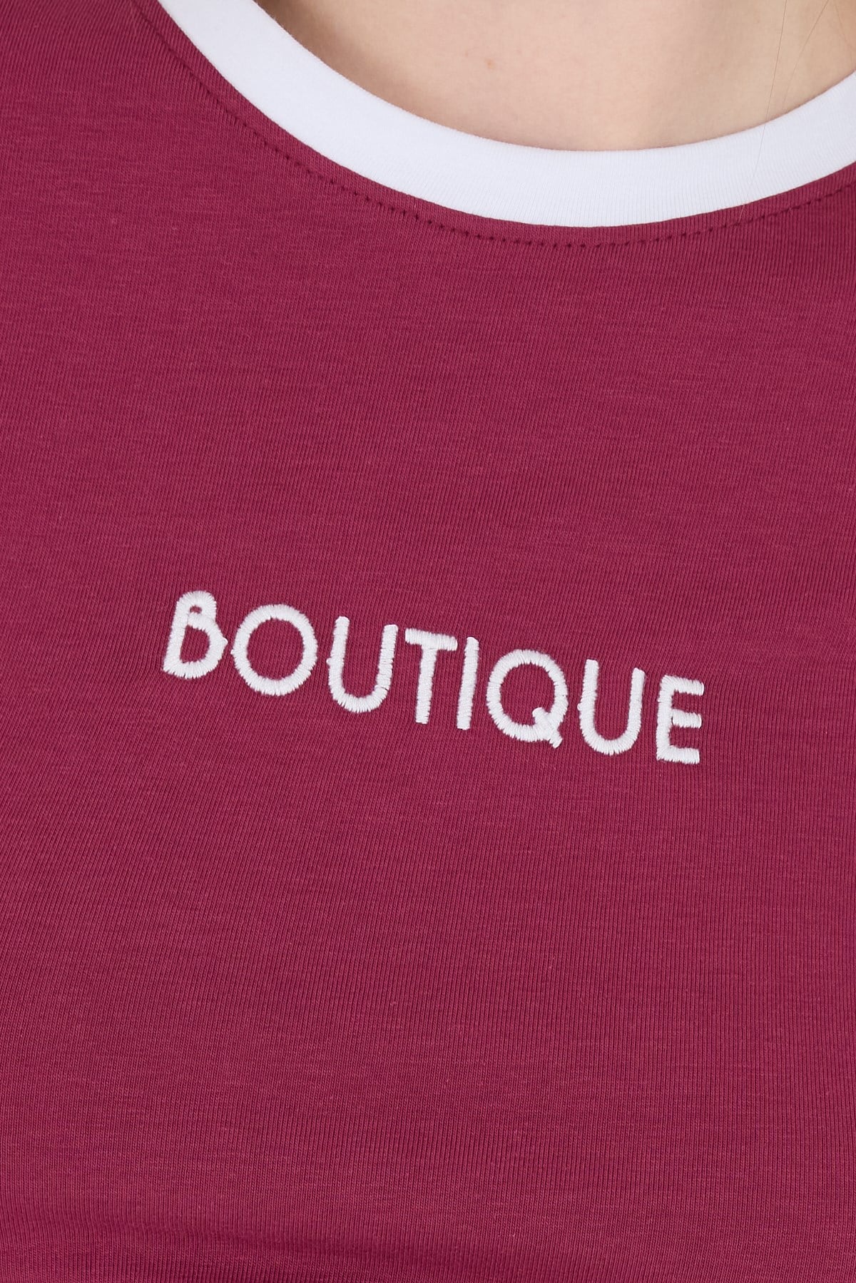 Bordo Yazı Baskılı Biyeli Pamuklu Slim Fit Tişört 9192M
