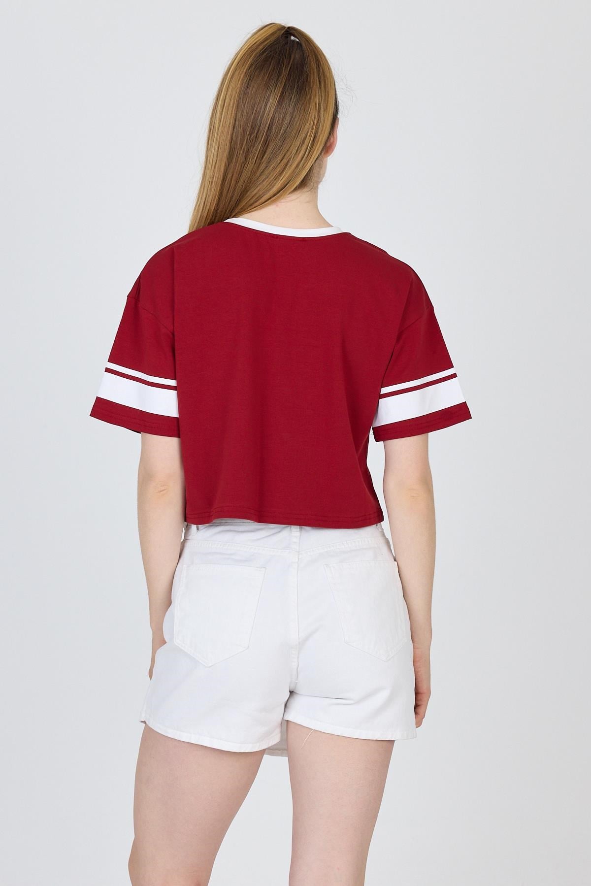 Bordo Yazı Baskılı Crop Tişört 6584