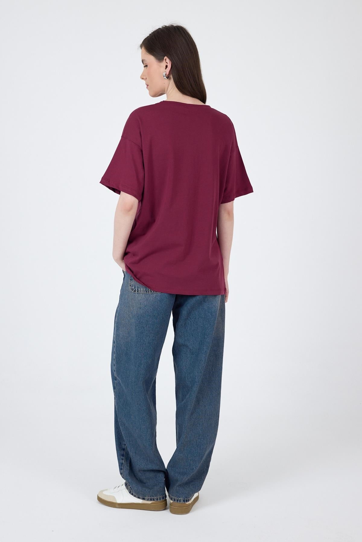 Bordo Yazı Baskılı Oversize Pamuklu Tişört 2150-32M