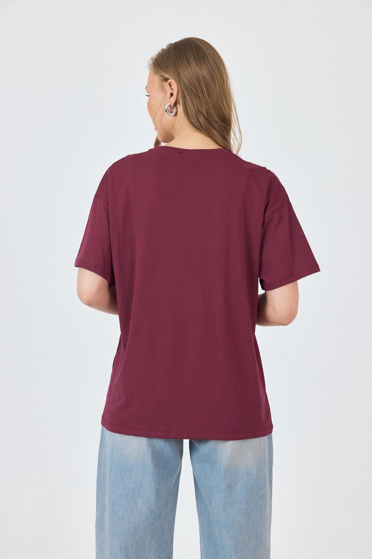 Bordo Yazı Baskılı Pamuklu Oversize Tişört 2150-6M