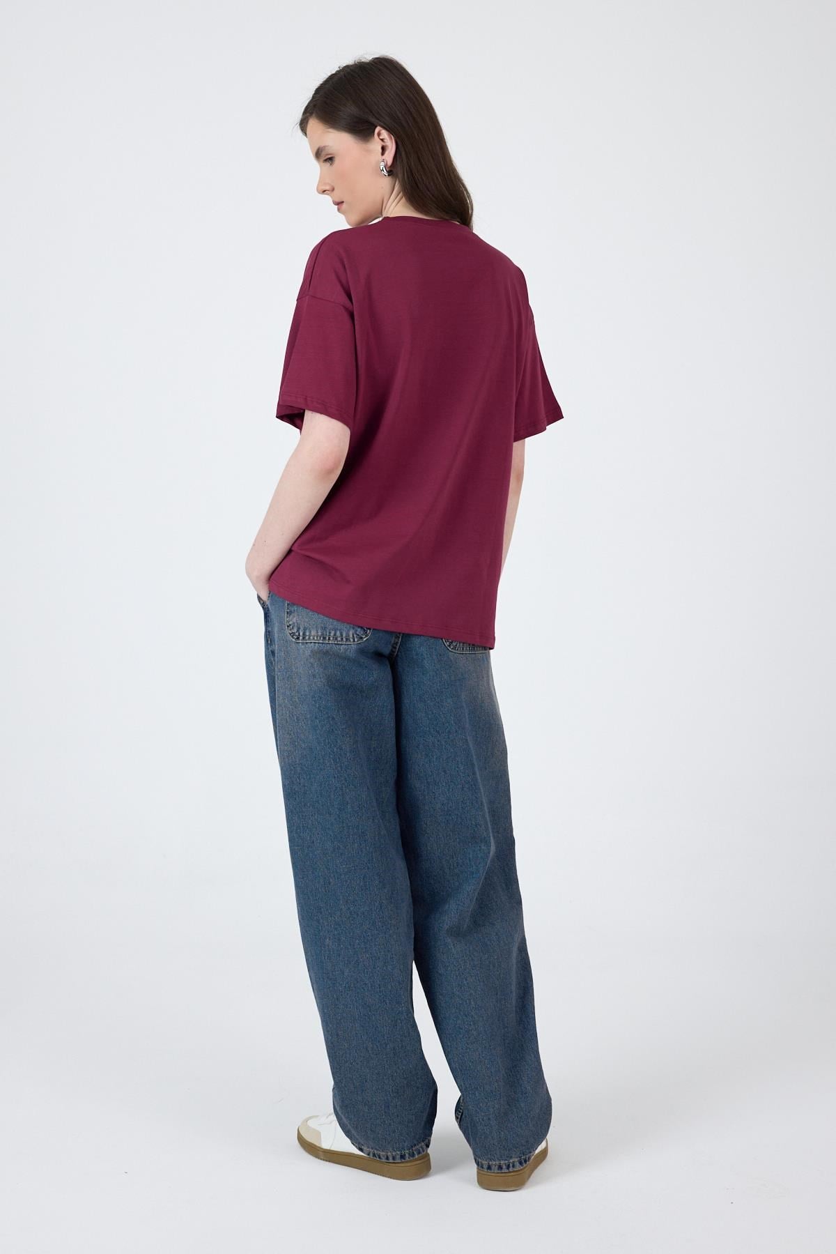 Bordo Yazı Baskılı Pamuklu Oversize Tişört 2150-3M