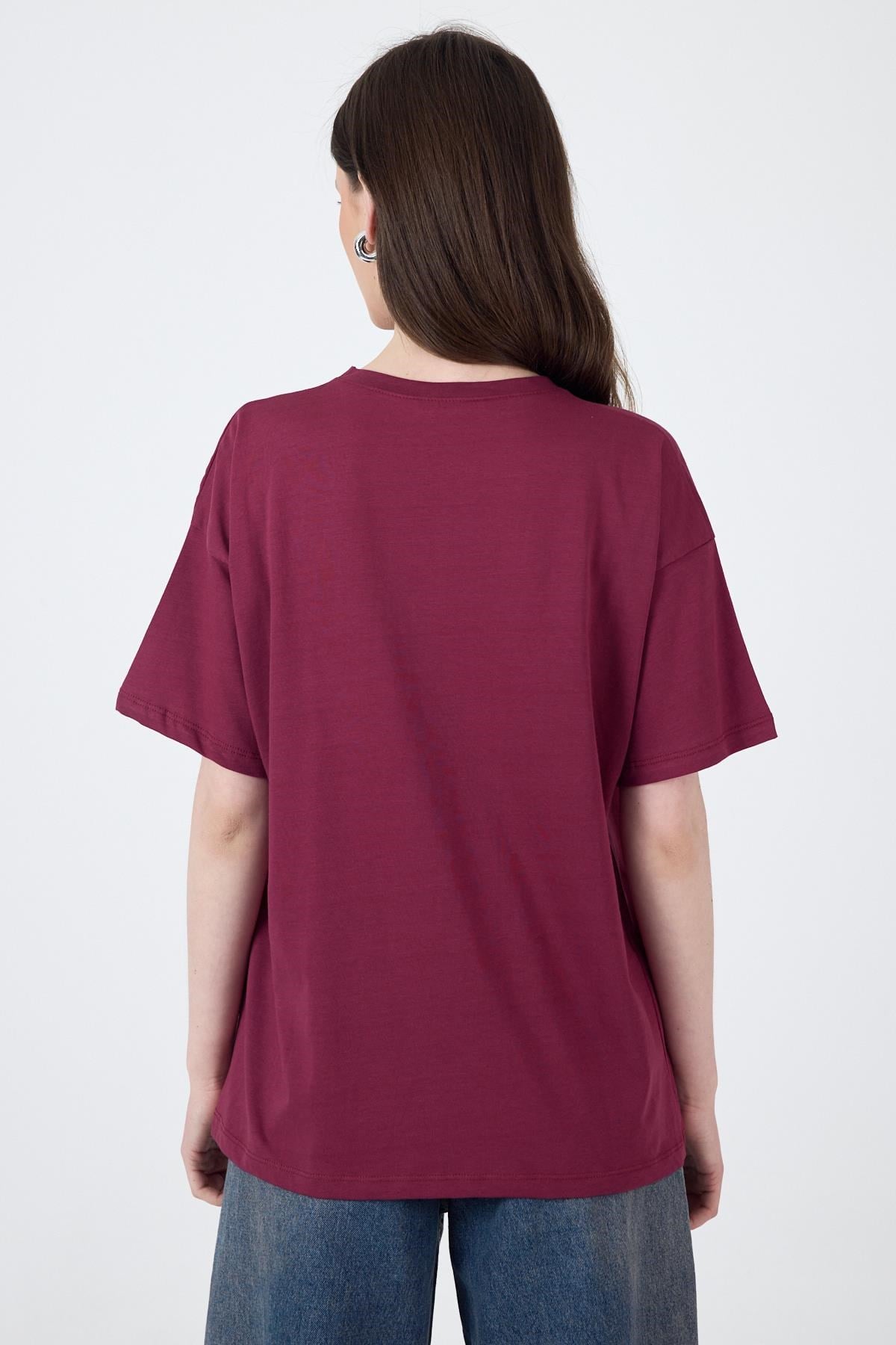 Bordo Yazı Baskılı Pamuklu Oversize Tişört 2150-3M