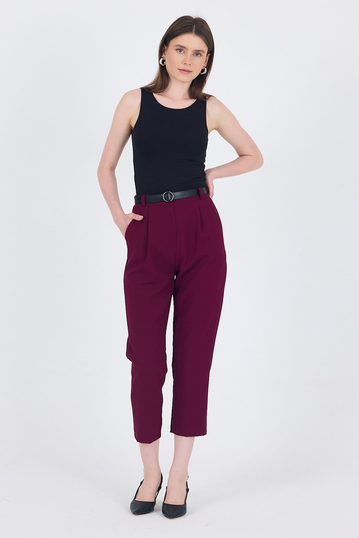 Bordo Yüksek Bel Kemerli Havuç Kesim Pantolon 6418A