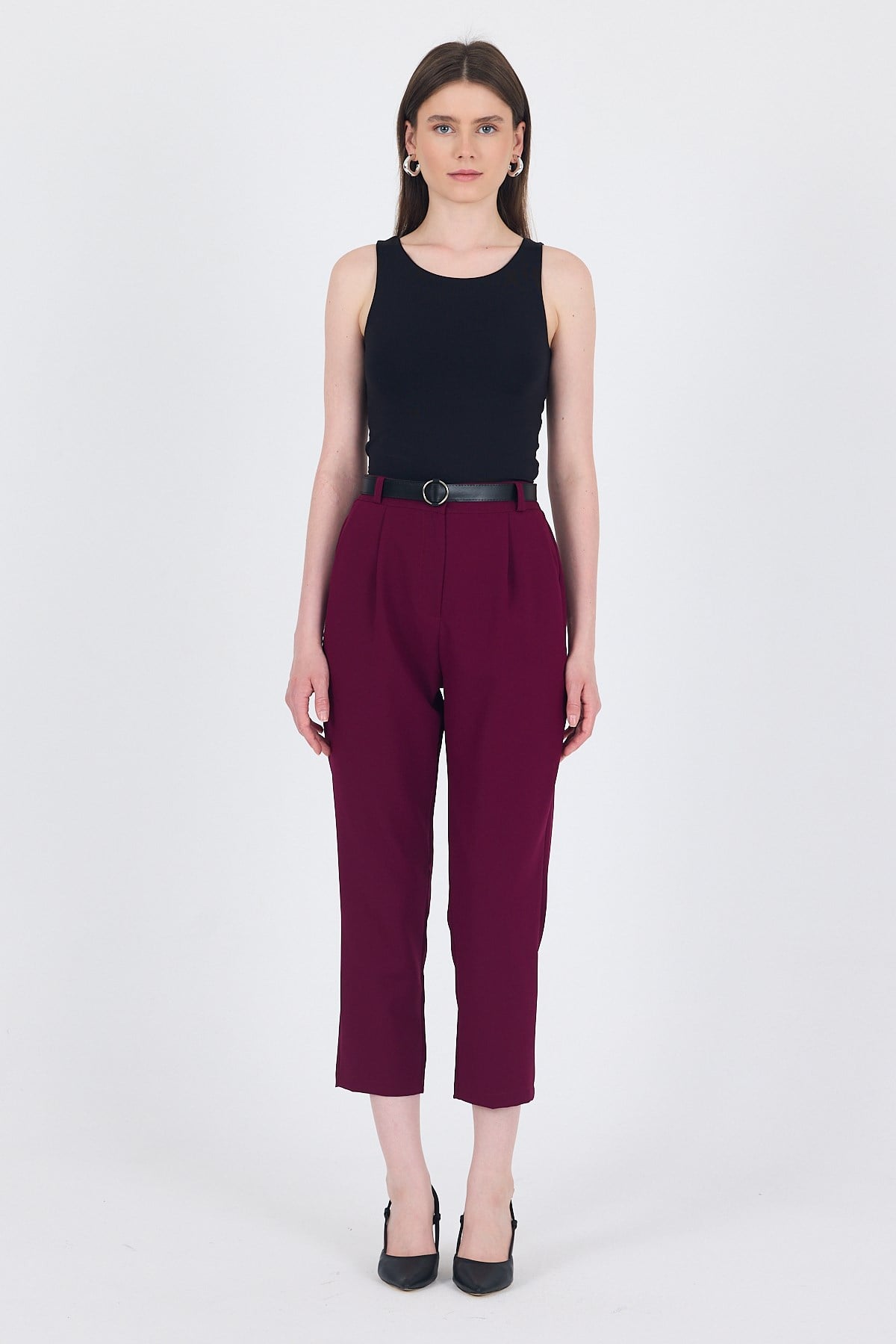 Bordo Yüksek Bel Kemerli Havuç Kesim Pantolon 6418A