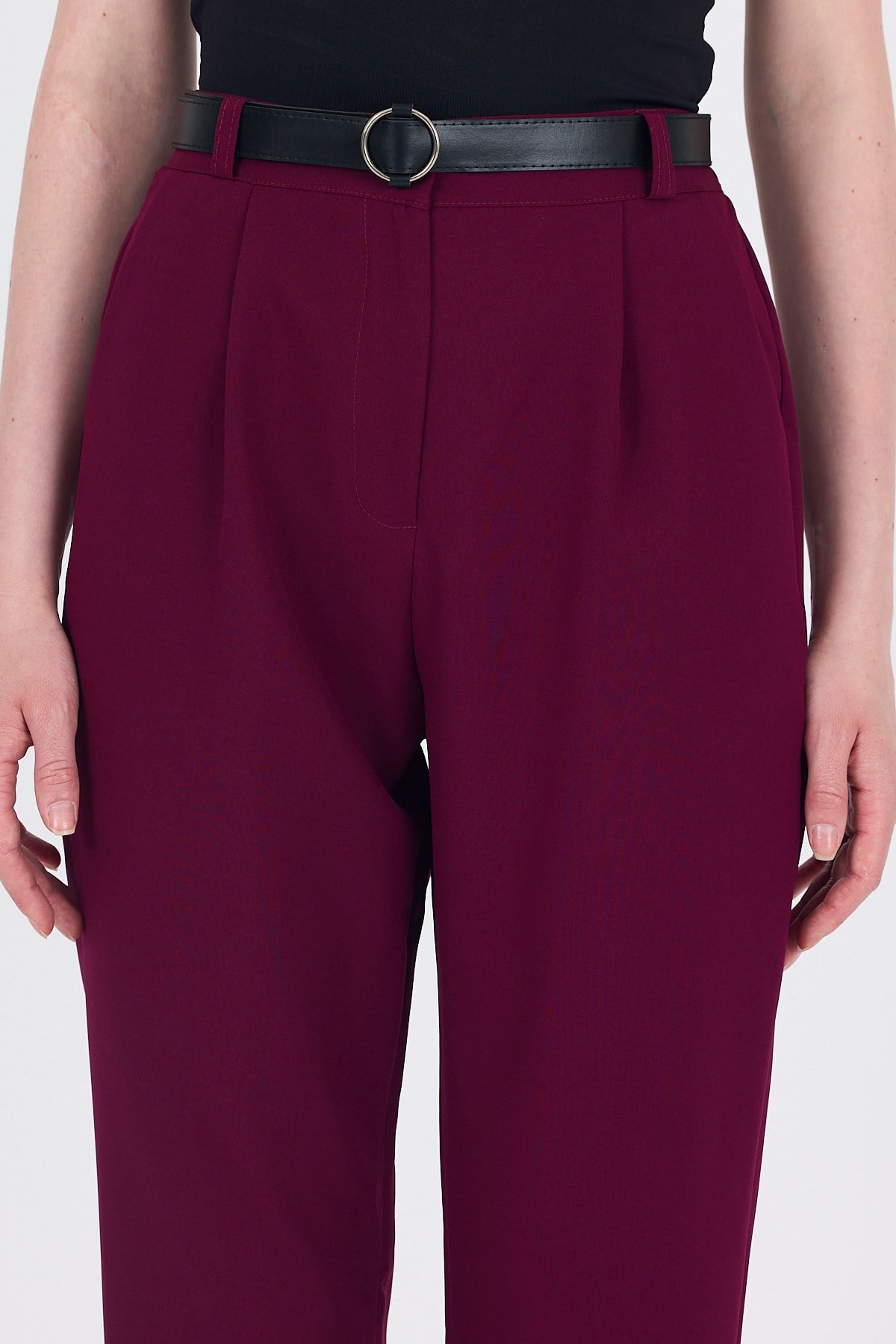 Bordo Yüksek Bel Kemerli Havuç Kesim Pantolon 6418A