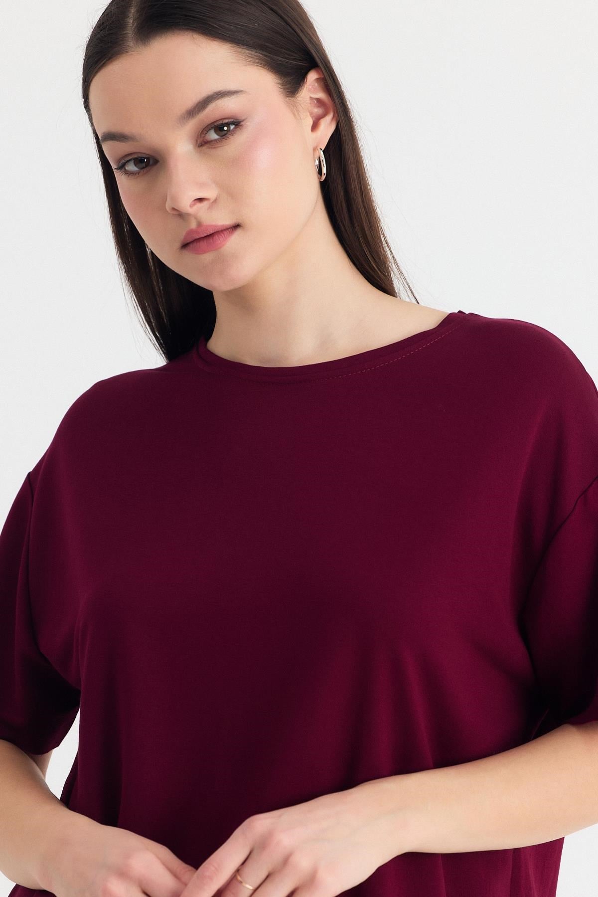 Bordo Yumuşak Dokulu Esnek Premium Kumaş Lazer Kesim Oversize Tişört 1868