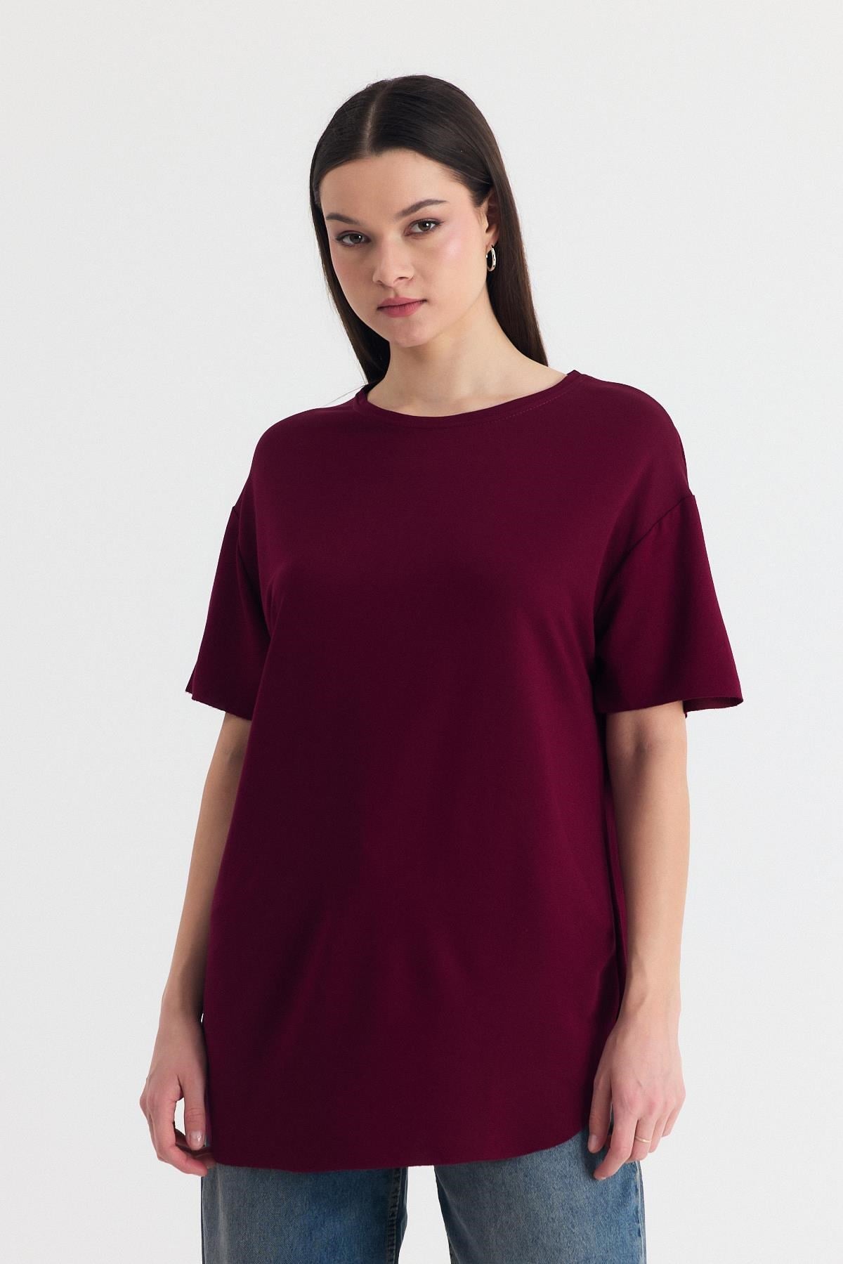 Bordo Yumuşak Dokulu Esnek Premium Kumaş Lazer Kesim Oversize Tişört 1868