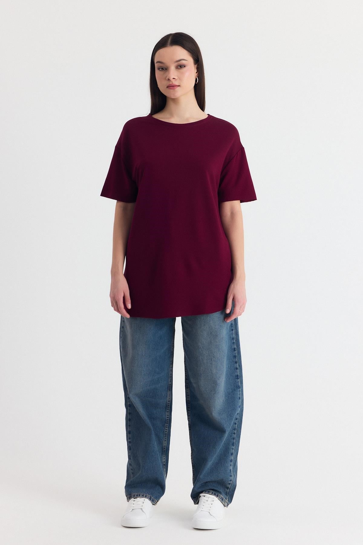 Bordo Yumuşak Dokulu Esnek Premium Kumaş Lazer Kesim Oversize Tişört 1868