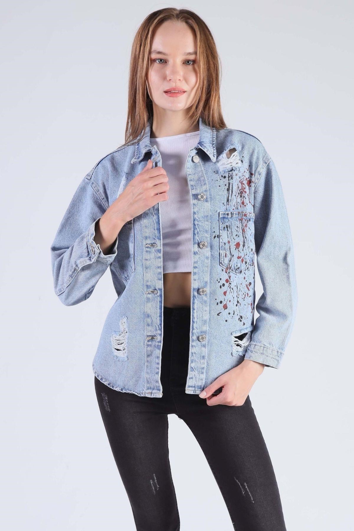 Buz Boya Baskılı Oversize Jean Gömlek 7071