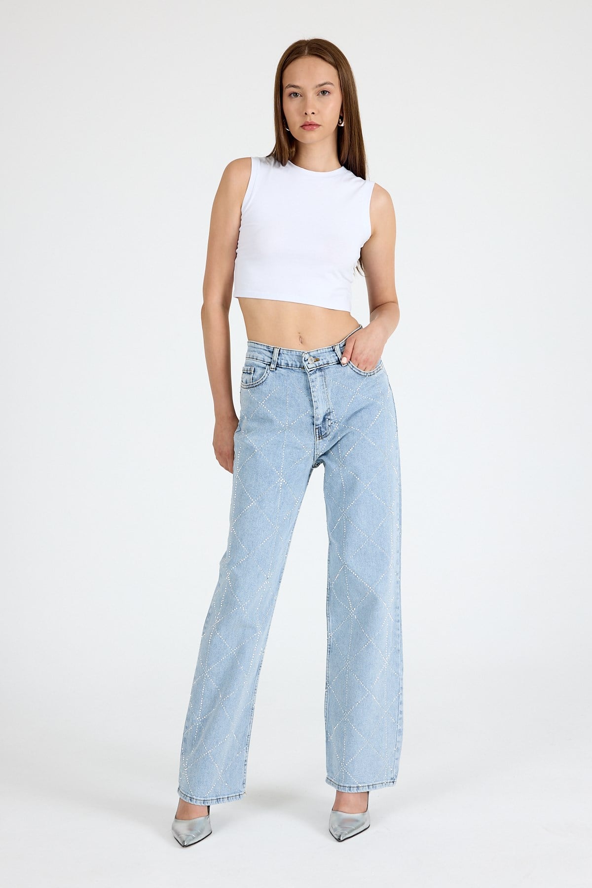 Buzkar Geometrik Taşlı Straight Jean 3330