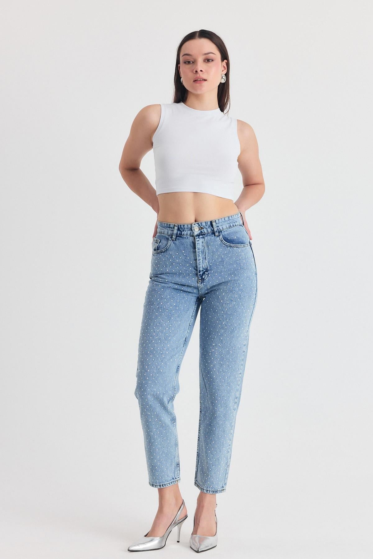 Buzkar Taş Detay Mom Jean 3332