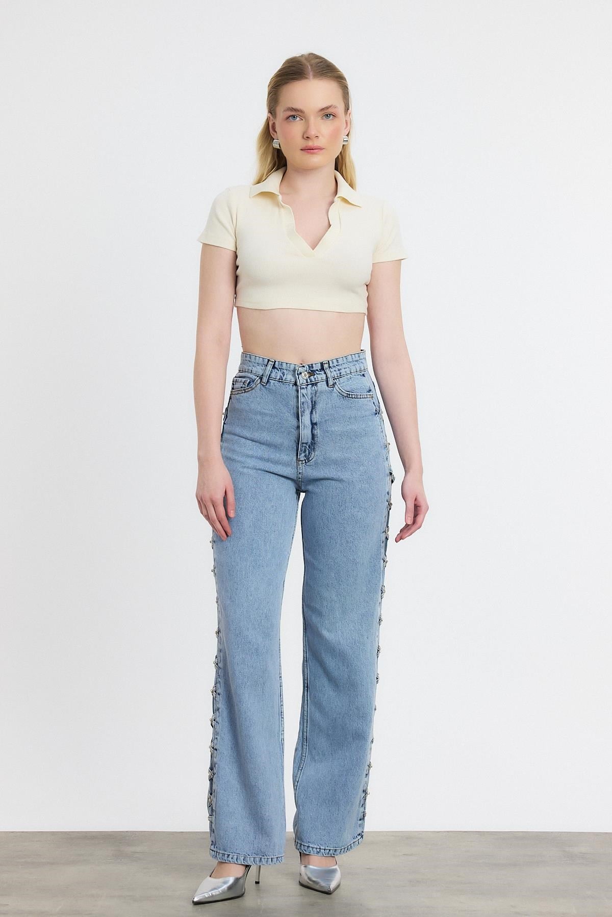Buzkar Yanı Çapraz Köprülü Taşlı Jean 11139