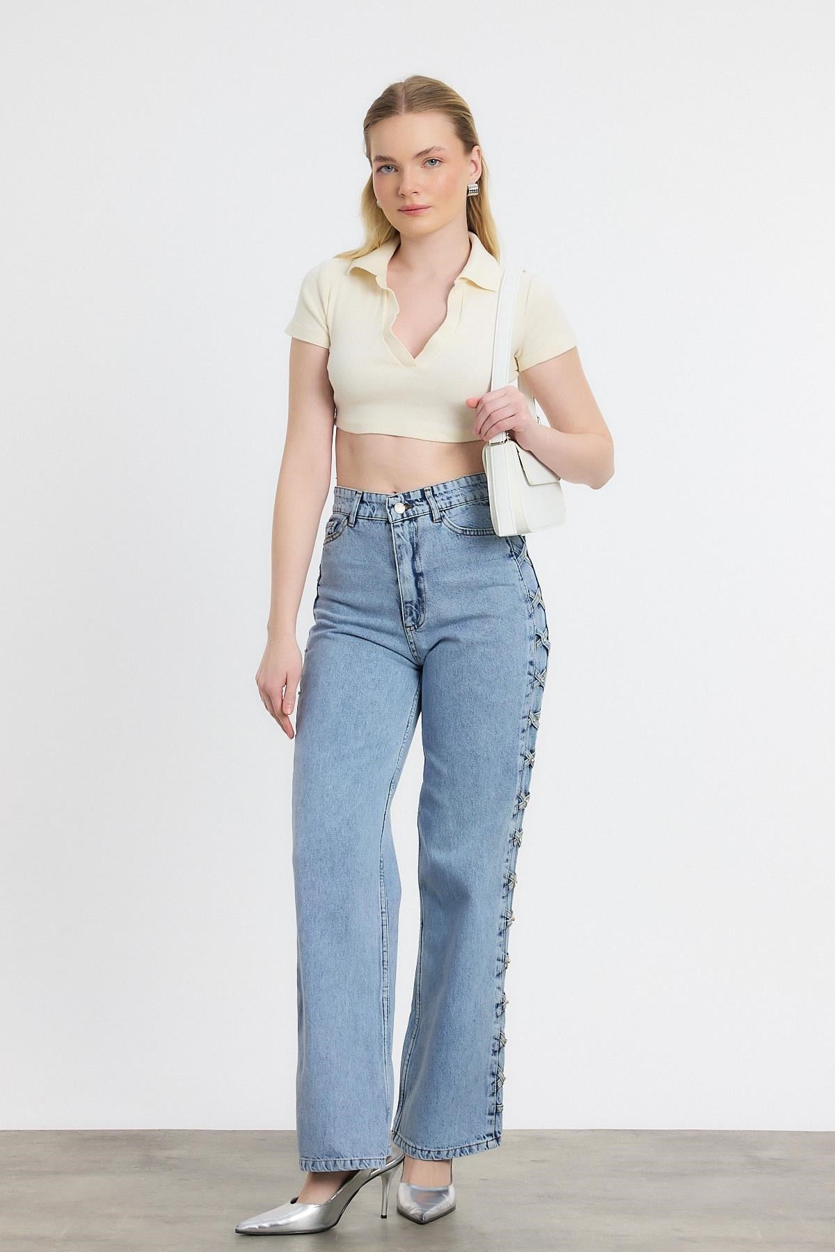 Buzkar Yanı Çapraz Köprülü Taşlı Jean 11139