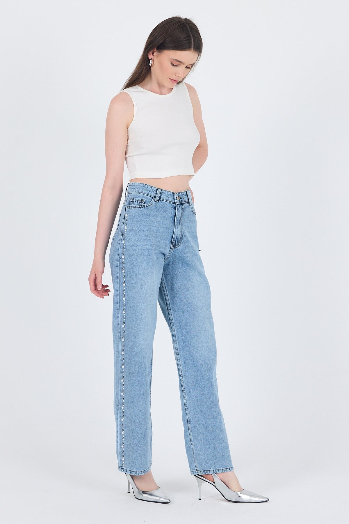 Buzkar Yanları İnci İşlemeli Yüksek Bel Straight Jean Pantolon 3312
