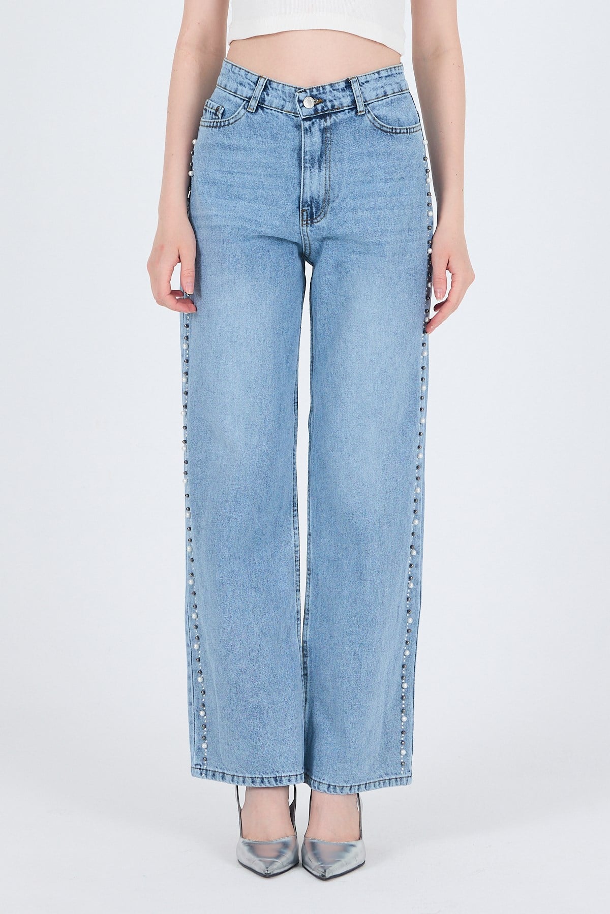 Buzkar Yanları İnci İşlemeli Yüksek Bel Straight Jean Pantolon 3312