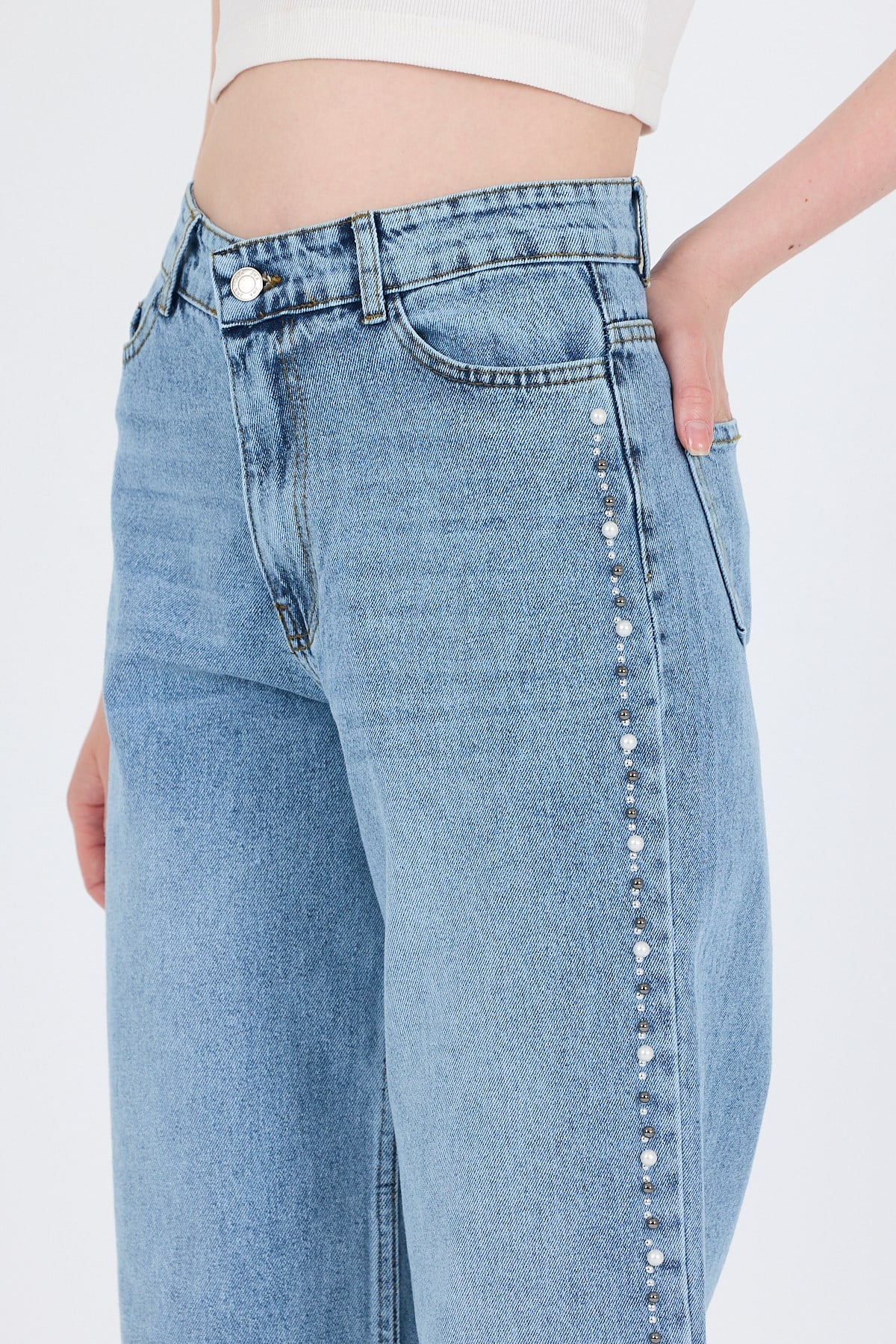Buzkar Yanları İnci İşlemeli Yüksek Bel Straight Jean Pantolon 3312