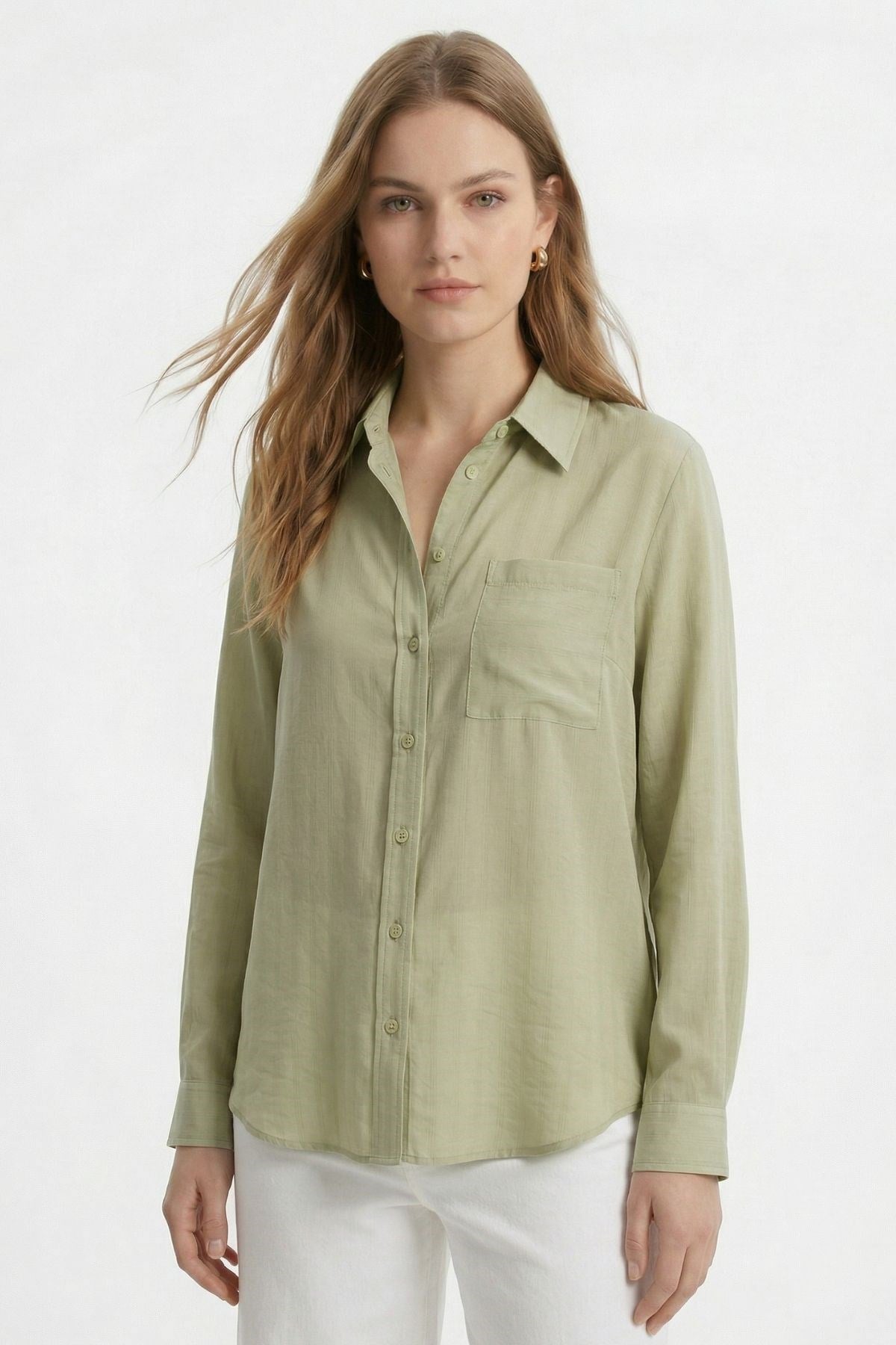 Çağla Cepli Çizgili Oversize Gömlek 5449