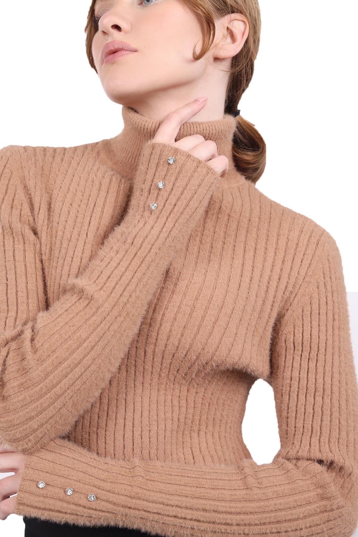 Camel Boğazlı Kol Taş Detay Yumoş Kazak 6627
