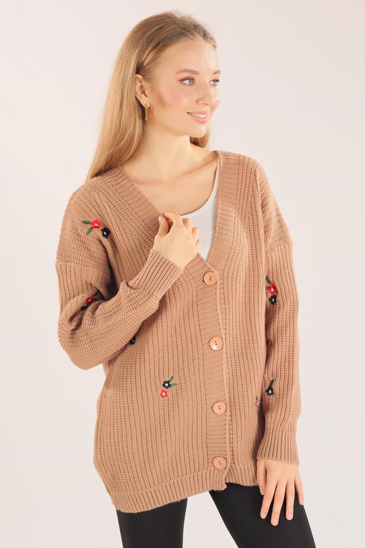 Camel Çiçek Nakışlı Hırka 383
