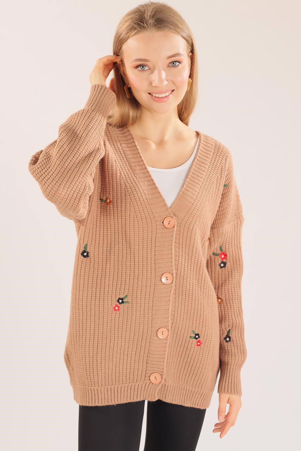 Camel Çiçek Nakışlı Hırka 383