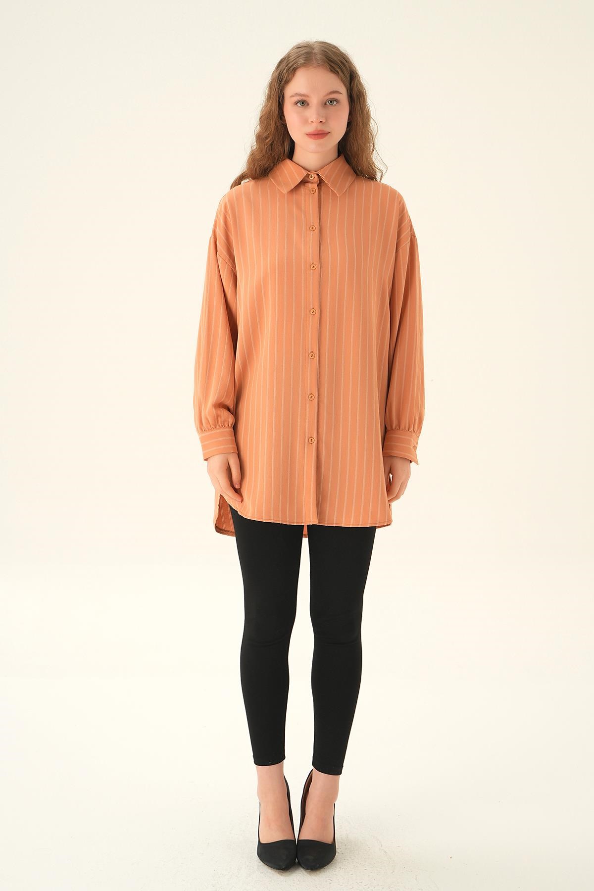 Camel Çizgili Oversize Gömlek 4013A