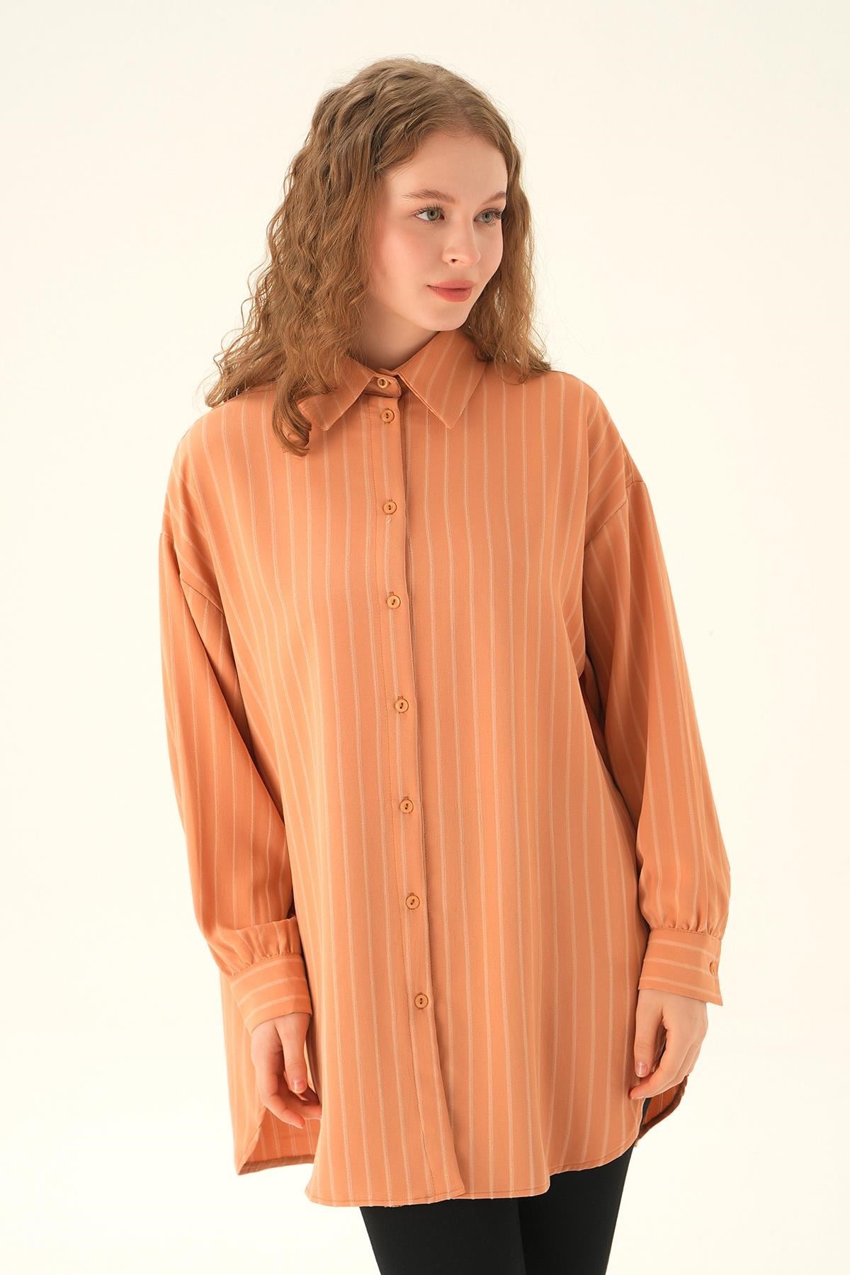 Camel Çizgili Oversize Gömlek 4013A