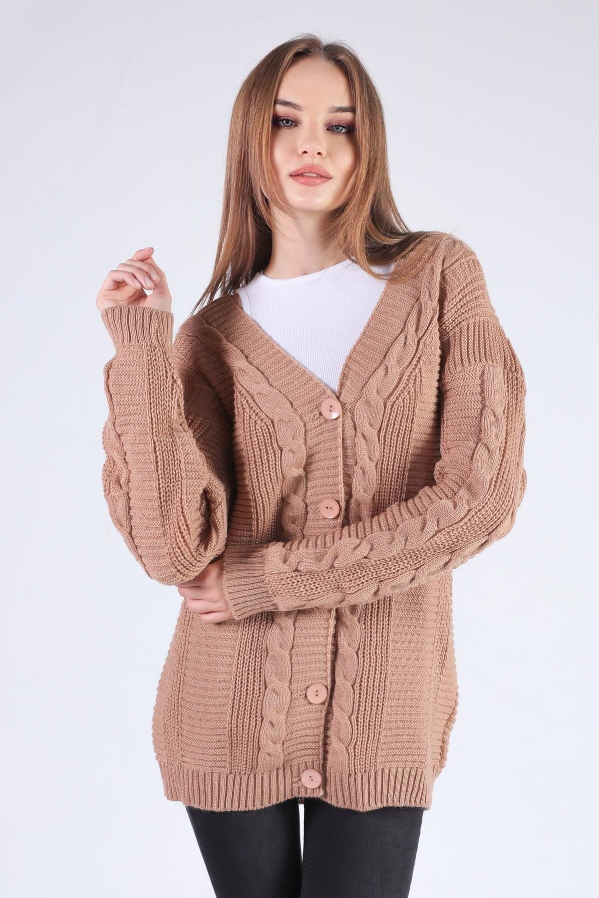 Camel Düğme Detay Örgülü Hırka 350