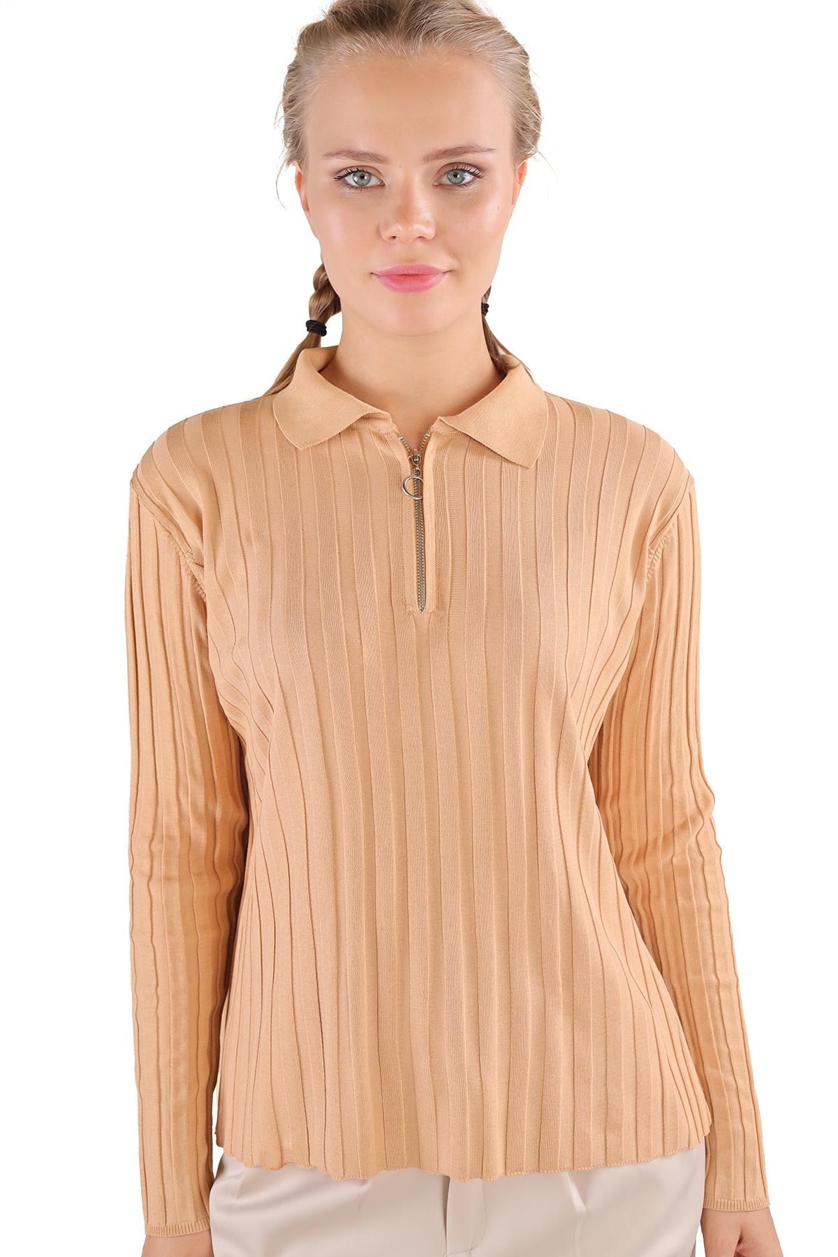 Camel Fermuar Detay Fitilli Kazak 24199