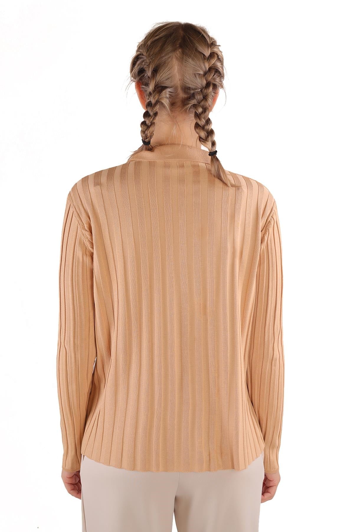 Camel Fermuar Detay Fitilli Kazak 24199