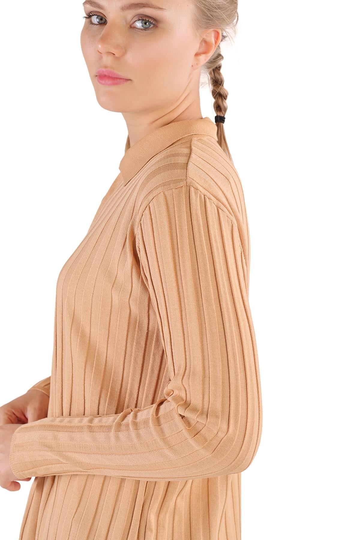 Camel Fermuar Detay Fitilli Kazak 24199