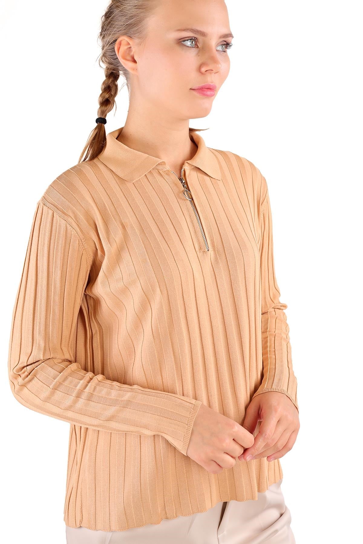 Camel Fermuar Detay Fitilli Kazak 24199