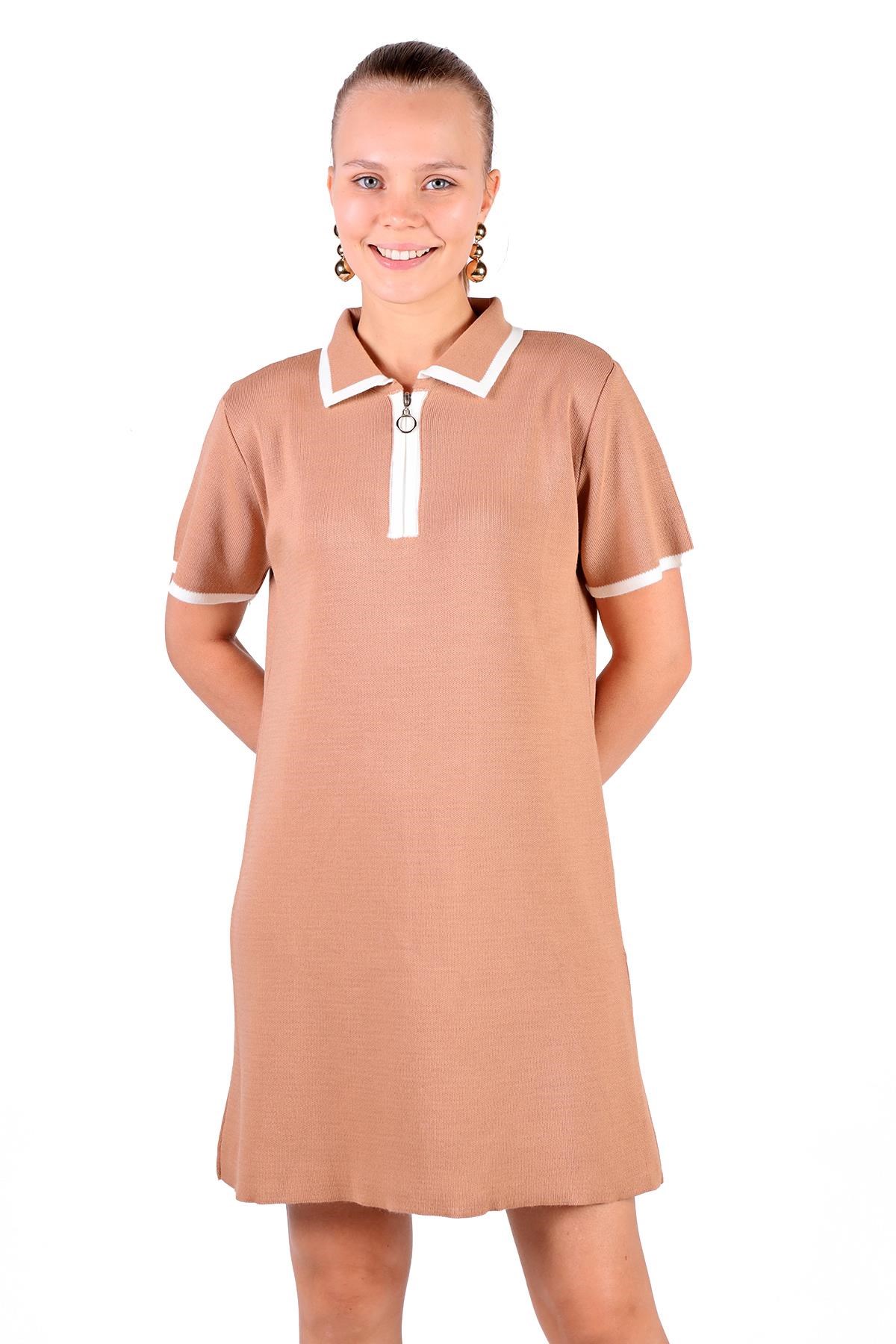 Camel Fermuar Detay Kısa Kol Elbise 24150