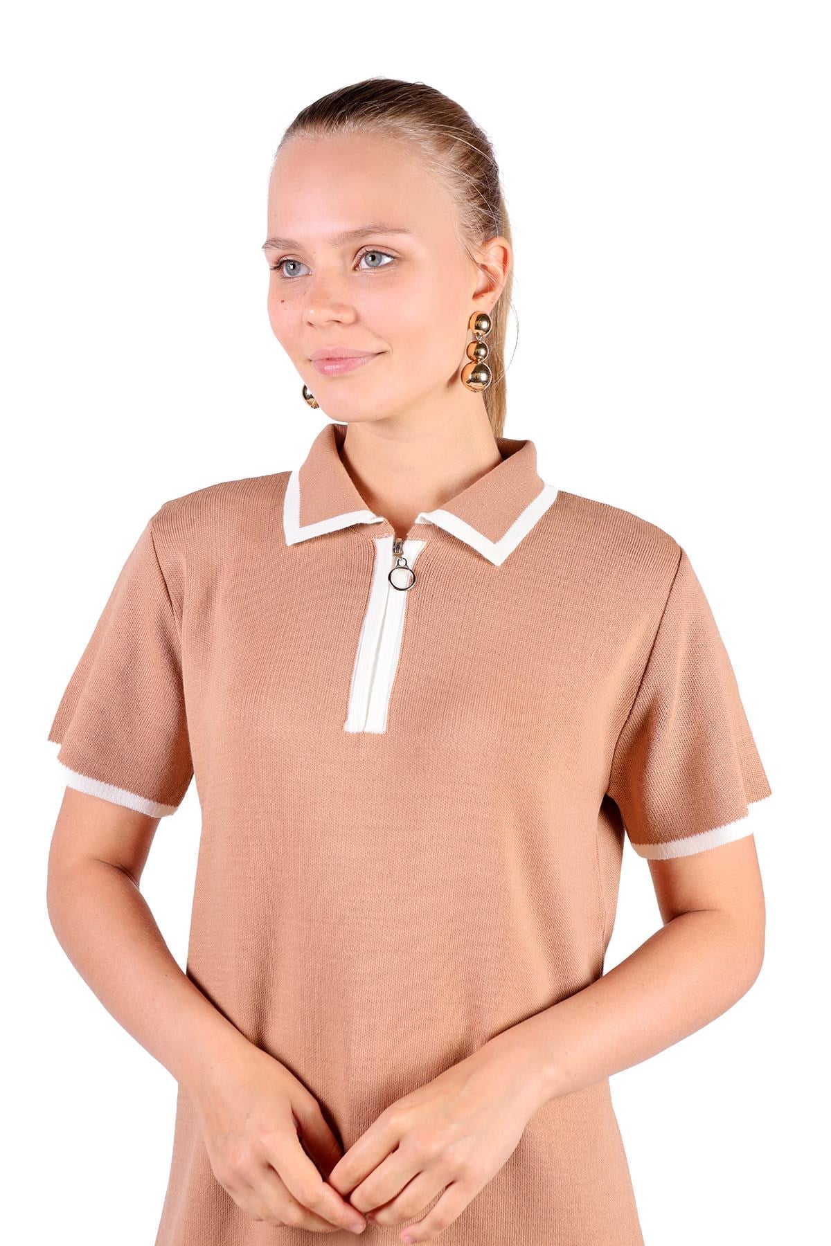 Camel Fermuar Detay Kısa Kol Elbise 24150