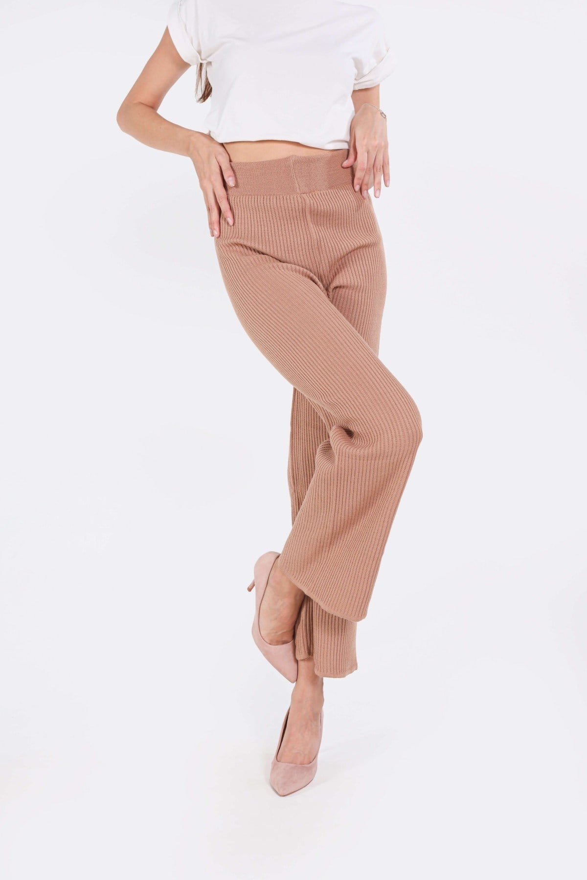Camel Geniş Paça Triko Pantolon 3028